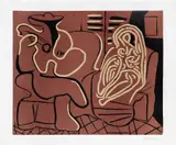 Femme dans un fauteuil et guitariste (Woman in an Armchair with Guitarist) (Bl. 917, Ba. 1232) by Pablo Picasso, 1959, Linocut in colours, on Arches paper, with full margins, sold Jan 2022