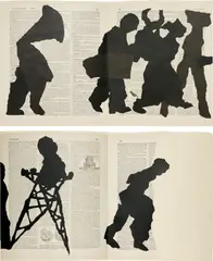 William Kentridge, Portage, 2000, Chine-collé figures of black Canson paper to multiple spreads from Le Petit Larousse Illustré (Paris, c. 1906), on Arches Créme paper folded as a leporello (as issued), within black fabric-covered boards