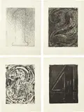Jasper Johns, Fizzles (Foirades) (U.L.A.E. 173), 1975-76, The complete set of 33 etching and aquatints (the double pages in colours), in- and hors-texte, text in English and French, with justification, on Richard de Bas paper watermarked SB (the author's initials) and Jasper Johns , text by Samuel Beckett, bound in handmade paper (as issued), contained in the original beige linen-covered box with the lithographic liner in colours and purple silk tassel