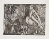 Pablo Picasso, Peintre au sabot et au chausson avec sa toile (The Painter Wearing a Clog and a Slipper, with His Canvas), plate 150 from Séries 156 (Bl. 2004, Ba. 2014), 1971, Aquatint, on BFK Rives paper, with full margins