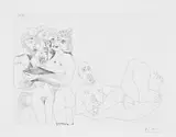 Pablo Picasso, Barbu fantasmant, femmes, homme, et homme grec au corps de femme (Reclining Male Nude and Five Embracing Nudes, One a Hermaphrodite), plate 122 from Séries 156 (Bl. 1977, Ba. 1986), 1971, Etching, on BFK Rives paper, with full margins