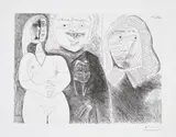 Pablo Picasso, Célestine et fille, avec deux hommes en costume du XVIIe Siècle (Célestine and Daughter, with Two Men in 17th Century Costume), plate 132 from Séries 156 (Bl. 1987, Ba. 1997), 1971, Etching, on BFK Rives paper, with full margins