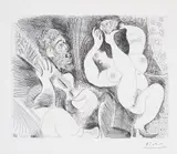 Pablo Picasso, Danseuse tâchant de séduire la chouette d'un guitariste - ou l'inverse (Dancer Trying to Seduce a Guitarist's Owl - or the Other Way Around), plate 46 from Séries 156 (Bl. 1901, Ba. 1907), 1970, Etching, on BFK Rives paper, with full margins