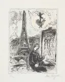 La Peintre á la Tour Eiffel (The Painter at the Eiffel Tower) (M. 949) by Marc Chagall, 1979, Lithograph in colours, on Japon nacré paper, with full margins, sold Jan 2022