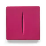 Concetto Spaziale Rosa (Space Concept Pink) (R. & R. M-15) by Lucio Fontana, 1968, Vacuum-formed plastic multiple, with accompanying Lucio Fontana book with photographs by Ugo Mulas and poems by Nanni Ba, sold Jan 2022