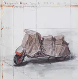 Wrapped Vespa, Project, 1963-64 (S. 201) by Christo & Jeanne-Claude, 2009, Paper collage and digital pigment print in colours with hand-colouring in crayon, on Rag paper, the full sheet, sold Jan 2022