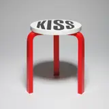 Barbara Kruger, Untitled (Kiss), 2019, Artek Stool 60 in birch, birch plywood and laminate, designed by Alvar Aalto, in black, white and red, contained within the original card box