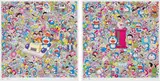 Takashi Murakami, We Can Go Anywhere With Mr Fujiko F. Fujio And The Time Machine!; and There Are Many Dokodemo Doors, 2019, Two screenprints in colours, one with cold stamped gold and silver foil, on smooth wove paper, with full margins