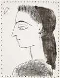 Jacqueline au mouchoir noir (Jacqueline with a Black Kerchief) (Bl. 873, M.316) by Pablo Picasso, 1958, Lithograph, on Arches paper, the full sheet, sold Jun 2022