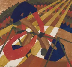In the Circus (C. LT 23) by Lill Tschudi, 1932, Linocut from four blocks in dark blue, red, brown and dark beige, on light cream oriental tissue paper, with margins, offered Jun 2022