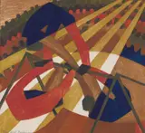 Lill Tschudi, In the Circus (C. LT 23), 1932, Linocut from four blocks in dark blue, red, brown and dark beige, on light cream oriental tissue paper, with margins