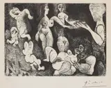 Pablo Picasso, Marin rêveur avec deux femmes, couple, spectatrice et sculpture sur un escabeau (Daydreaming Sailor with Two Women), plate 9 from Séries 156 (Bl. 1864, Ba. 1869)