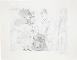 Pablo Picasso, Maison close, Degas avec son album, Célestine, trois filles, et un pouf Marocain (Brothel, Degas with his Album, Célestine, Three Ladies, and a Moroccan Pouf), plate 87 from Séries 156 (Bl. 1942, Ba. 1951), 1971, Etching, on BFK Rives paper, with full margins