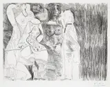 Pablo Picasso, Degas imaginant, scène de seduction entre deux filles, avec matrone hypocrite (Degas Imagining, Scene of Seduction Between Two Girls, with a Hypocritical Matron), plate 107 from Séries 156 (Bl. 1962, Ba. 1971), 1971, Etching, on BFK Rives paper, with full margins