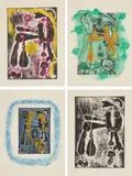 Joan Miró, Anti-platon (Anti-Plato) by Yves Bonnefoy; La lumière de la lame (The Light of the Blade) by André du Bouchet; and Saccades (Jerks) by Jacques Dupin (D. 309-335, C. 77), 1962, The complete set of three artist's books, each containing seven etching and aquatints (five in colours), with hors-texte, title page, justification and text in French, on BFK Rives paper folded (as issued), with full margins, the sheets loose (as issued) contained in original printed folders within brown linen-covered boards, and matching slipcase