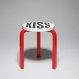 Barbara Kruger, Untitled (Kiss), 2019, Artek Stool 60 in birch, birch plywood and laminate, designed by Alvar Aalto, in black, white and red, contained within the original card box