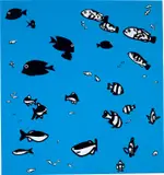 We Swam Amongst The Fishes (C. 41) by Julian Opie, 2003, Screenprint in colours, on spray-finished MDF block, sold Jun 2022