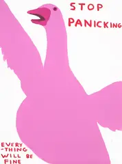 Stop Panicking by David Shrigley, 2021, Screenprint in colours with varnish overlay, on Somerset Satin paper, the full sheet, sold Jun 2022