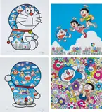 Doraemon Sitting Up: Weeping Some, Laughing Some; A Blue Sky! Like We Could Go On Forever!; Doraemon and Friends Under the Blue Sky; and So Much Fun by Takashi Murakami, 2019/20, Four offset lithographs in colours, on smooth wove paper, the full sheets and with full margins, sold Jun 2022