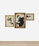 Thrower (Grey) by Banksy, 2019, Screenprinted triptych in colours, on micron board, the full sheets, sold Sep 2022