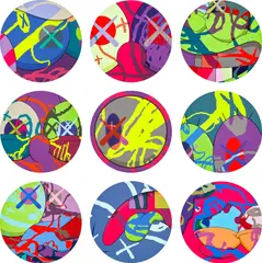 Kaws, THE NEWS, 2017, The complete set of nine screenprints in colours, on wove paper, the full sheets, with title page and original red linen-covered portfolio box with printed title