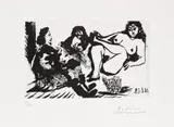 Pablo Picasso, Cavalier en visite chez une fille, avec la Célestine et un petit chien (Cavalier Visiting a Girl, with Celestine and a Small Dog), plate 162 from 347 Series (Bl. 1642, Ba. 1658), 1968, Aquatint, on BFK Rives paper, with full margins