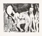 Pablo Picasso, Cirque: écuyère, femmes et spectateurs, dont un garagiste déguisé (Circus: Horsewoman, Women and Spectators, Including a Disguised Mechanic), plate 43 from 347 Series (Bl. 1523, Ba. 1539), 1968, Etching and aquatint, on Rives paper, with full margins