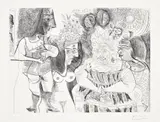 Pablo Picasso, La fête de la patronne, petit chien, fleurs et potins, portrait de Degas au mur (Patron Saint's Day, Little Dog, Flowers and Gossip, Portrait of Degas on the Wall), plate 129 from Séries 156 (Bl. 1984, Ba. 1994), 1971, Etching, on BFK Rives paper, with full margins