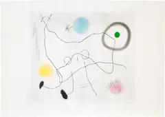 Crapaud lyre (Lyre Toad) (D. 389) by Joan Miró, 1965, Drypoint and aquatint in colours, on BFK Rives paper, with margins (the left edge unevenly trimmed), sold Sep 2022