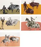 Elisabeth Frink, Corrida III-V (W. 80-82); and Rejoneadora II-III (W. 84-85), from Corrida, 1973, Five lithographs in colours, on T.H. Saunders paper, the full sheets