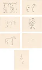 Barry Flanagan, The Wren's Nest; Field Day; Stepney Green; Cob Study; Mule; Cup and Quill; and Jolly Dog, 1972/83, Seven etchings, on cream Arches paper, with full margins