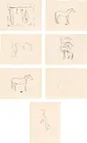 Barry Flanagan, The Wren's Nest; Field Day; Stepney Green; Cob Study; Mule; Cup and Quill; and Jolly Dog, 1972/83, Seven etchings, on cream Arches paper, with full margins