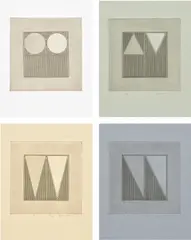 Gordon House, Arcs Within a Square; and Triangles Within a Square (B. 56-62, 71-74), 1971, Two complete portfolios comprising 13 etching and aquatints in colours, on coloured and white handmade papers, with full margins, with the accompanying two justifications
