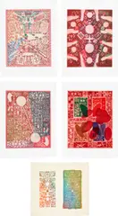 Bernard Cohen, Imitations; Things Seen; The Trace; Concerning the Meal; and The Party, 1980/1, Four etching and aquatints in colours, on Arches paper, and one lithograph in colours, on grey wove paper, with full margins