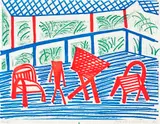 Two Red Chairs and Table, March 1986 (M.C.A.T. 316) by David Hockney, 1986, Home-made print executed on an office colour copy machine, on Arches Text paper, the full sheet, sold Sep 2022