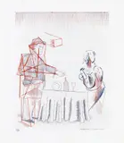 David Hockney, Figures with Still Life, plate 10 from The Blue Guitar (S.A.C. 208, M.C.A.T. 187), 1976-77, Etching with drypoint in colours, on Inveresk mould-made paper, with full margins