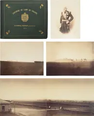 Gustave Le Gray, Souvenirs du Camp de Châlons au Général Regnaud de Saint-Jean d'Angély, 1857, A unique album of 66 albumen prints (44 scenes and 22 portraits) from wet-collodion negatives, mounted to album pages. Fifty-six with red ink facsimile signature stamps and 4 smaller prints with red ink credit stamps, all on the recto; 38 annotated, possibly by Regnaud, in blue ink on the mounts. The majority mounted one-per-page. Oblong folio, dark green leather with gilt embossed title, date, dedication and imperial arms on front cover