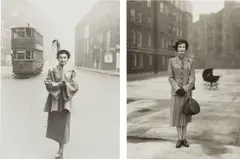 Norman Parkinson, Woman with Tram; Wenda, Peabody Buildings, 1949, Two gelatin silver prints, each printed later