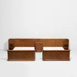 Jean Royere, Two beds with integrated headboard and bedside table, 1955-1958, Stained oak, stained and partially painted oak-veneered wood, brass, fabric