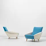 Pair of 'Distex' armchairs, model no. 807 by Gio Ponti, circa 1953, Fabric, stained beech, sold May 2022