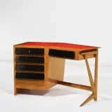 Ico Parisi, Desk, from a unique pair, 1952, Walnut, walnut-veneered wood, painted wood, reverse-painted glass, brass