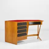 Ico Parisi, Desk, from a unique pair, 1952, Walnut, walnut-veneered wood, painted wood, reverse-painted glass, brass