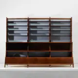 Ico Parisi, Unique bookcase with cabinets and magazine rack, 1952, Walnut-veneered wood, painted wood, glass
