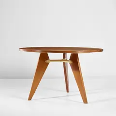 Guéridon by Jean Prouvé, circa 1946, Oak, oak-veneered wood, painted steel, sold May 2022