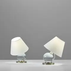 Pair of adjustable table lamps, model no. 7706 by Jacques Adnet, circa 1930, Nickel-plated brass, crystal, fabric shade, leather, sold May 2022