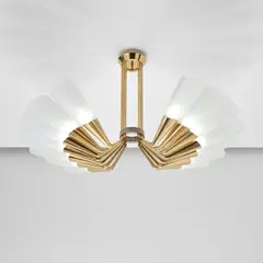 Rare chandelier by Max Ingrand, circa 1955, Glass, brass, niello-treated brass, sold May 2022