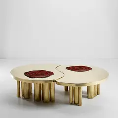 Ado Chale, Unique two-part table, circa 1985, Brass, brass-covered concrete, petrified wood