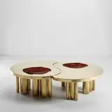 Ado Chale, Unique two-part table, circa 1985, Brass, brass-covered concrete, petrified wood