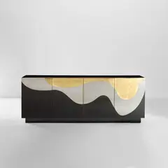 Rare sideboard by Maria Pergay, circa 1977, Laminated wood, brass, stainless steel, sold May 2022