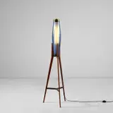 Tripod floor lamp by Svend Aage Holm-Sørensen, circa 1959, Coloured glass, glass, teak, brass, sold May 2022